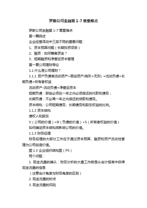 罗斯公司金融第1-7章重难点