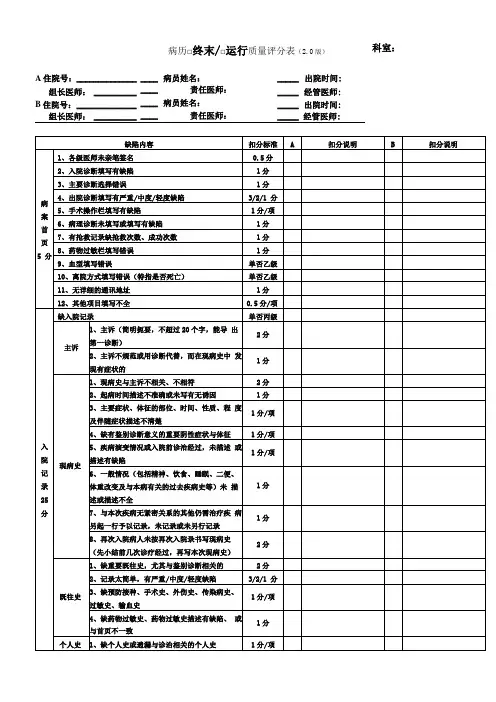 最新版医院评审病历质量评分表
