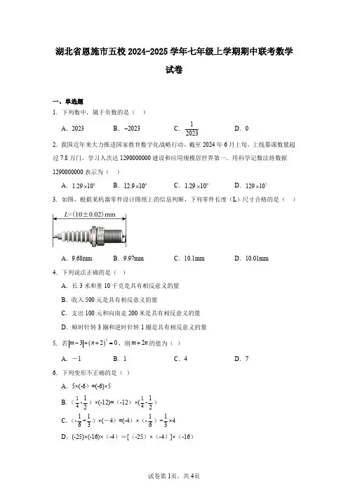 湖北省恩施市五校2024-2025学年七年级上学期期中联考数学试卷