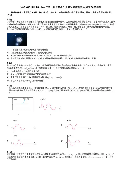 四川省绵阳市2024高三冲刺(高考物理)苏教版质量检测(培优卷)完整试卷