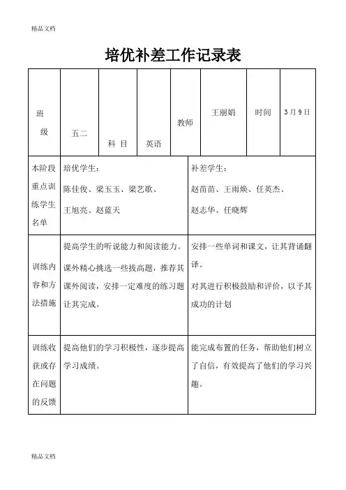 最新英语培优补差工作记录表