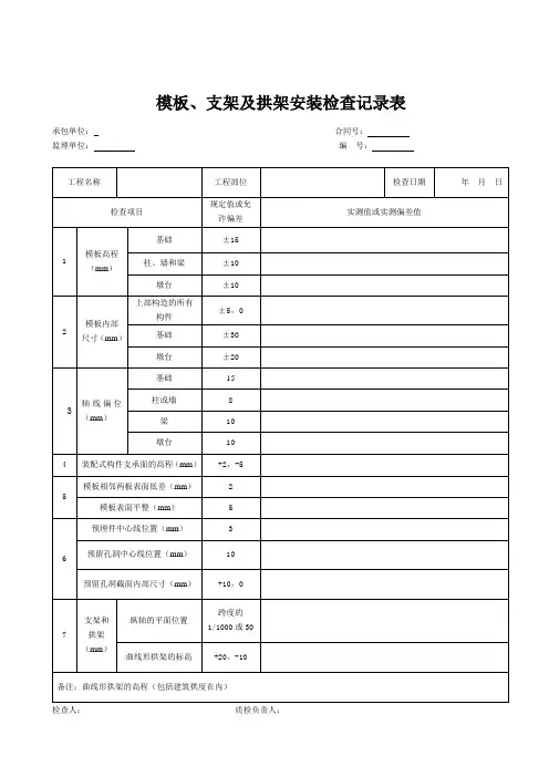 模板、支架及拱架安装检查记录表