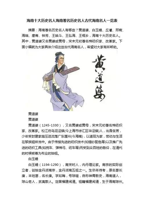 海南十大历史名人海南著名历史名人古代海南名人一览表