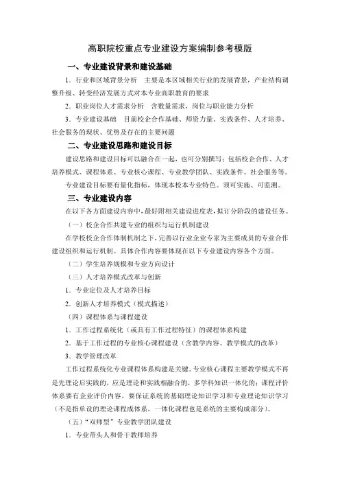 高职院校特色专业建设规划编制模版