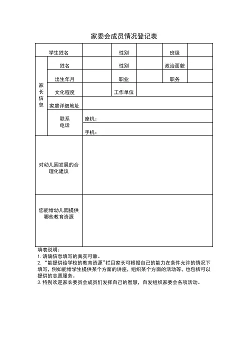 完整版 幼儿园家委会成员情况登记表