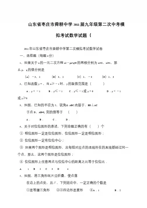 山东省枣庄市舜耕中学2011届九年级第二次中考模拟考试数学试题(