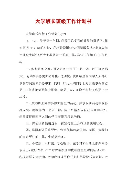 大学班长班级工作计划书