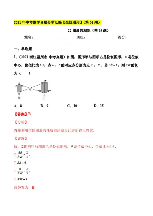 2021年中考数学真题 图形的相似(共55题)-(解析版)