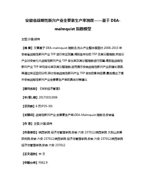 安徽省战略性新兴产业全要素生产率测度——基于DEA-malmquist指数模型