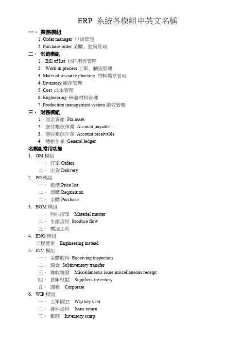 ERP系统各模块中英文对照（免费篇）