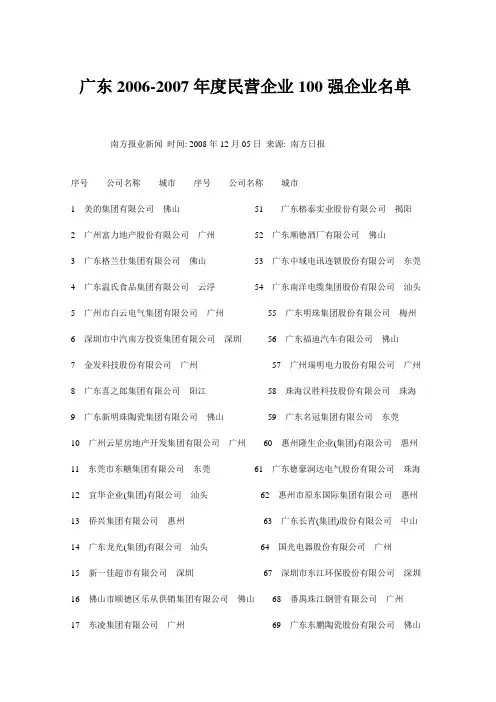 2011年广东2006-2007年度民营企业100强企业名单