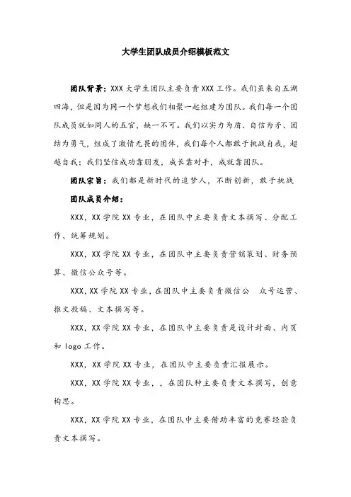 大学生团队成员介绍模板范文