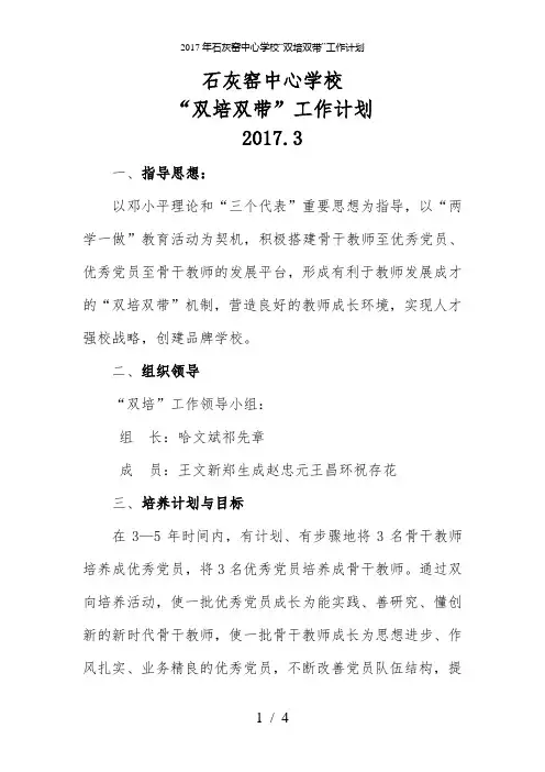 年石灰窑中心学校“双培双带”工作计划