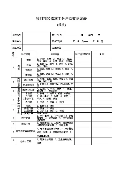 6-1-1成果模板 《项目精装修施工分户验收记录表》