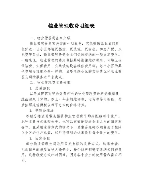 物业管理收费明细表