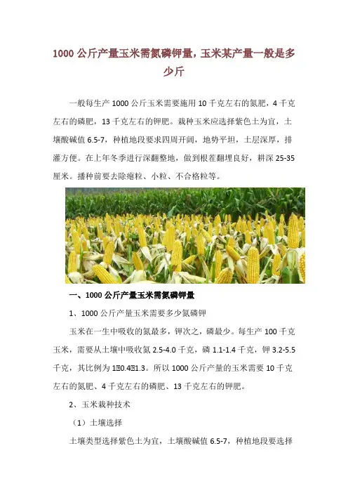 1000公斤产量玉米需氮磷钾量,玉米某产量一般是多少斤