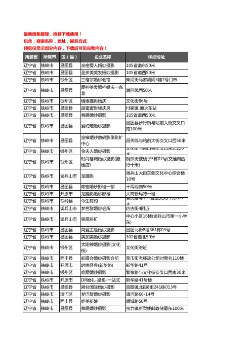 新版辽宁省铁岭市婚纱摄影企业公司商家户名录单联系方式地址大全72家