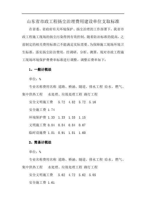 山东省市政工程扬尘治理费用建设单位支取标准
