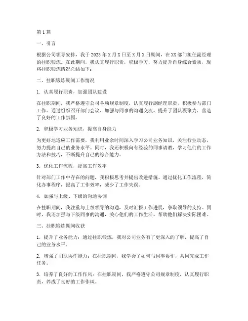 副经理挂职总结报告范文(3篇)