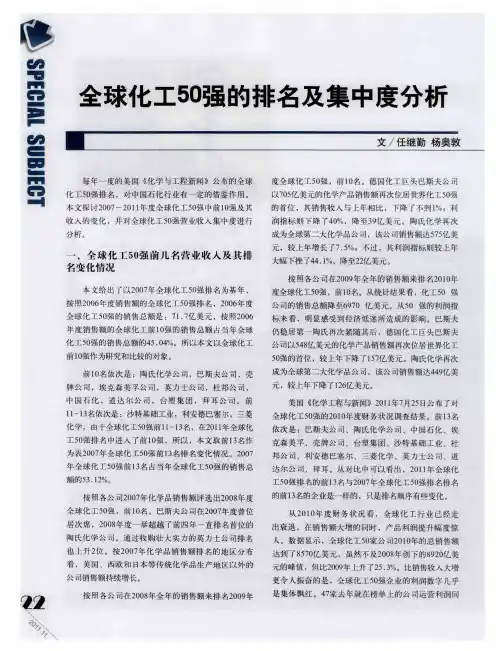 全球化工50强的排名及集中度分析