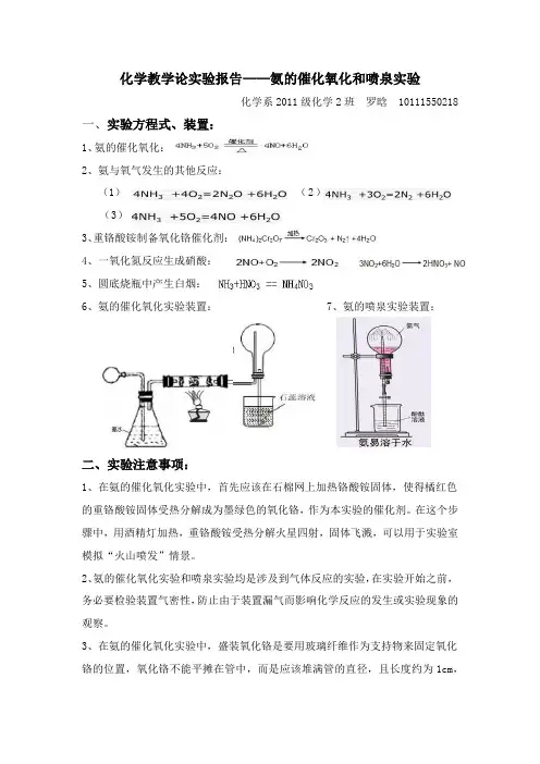 化学教学论实验报告——氨的催化氧化和喷泉实验