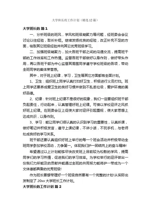 大学班长的工作计划（精选12篇）