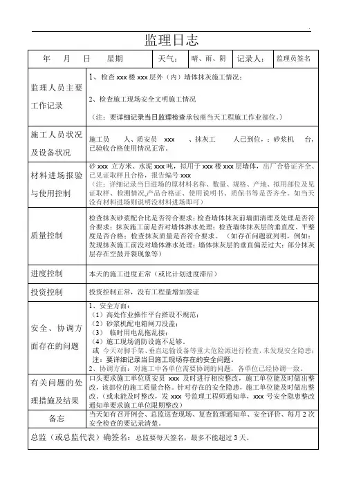墙体抹灰施工监理日志
