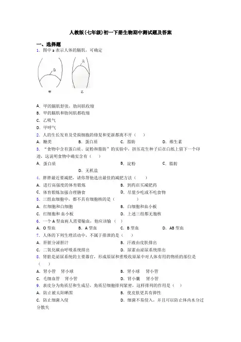人教版(七年级)初一下册生物期中测试题及答案