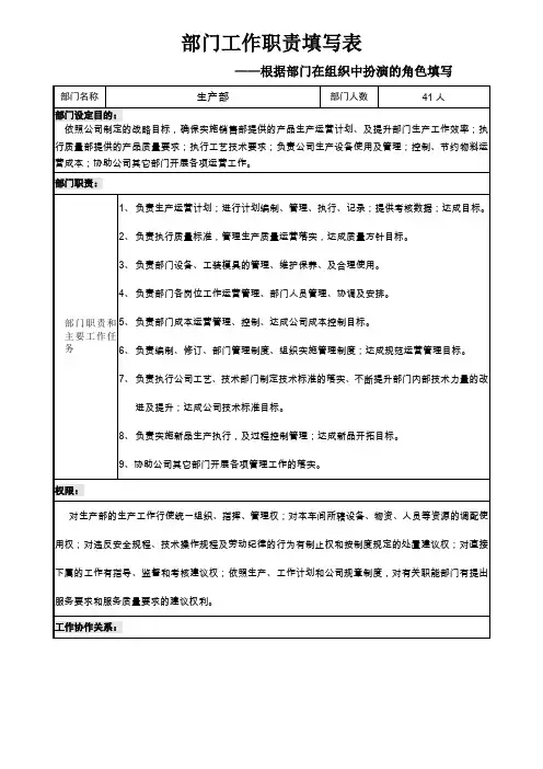 部门工作职责填写表(模板)