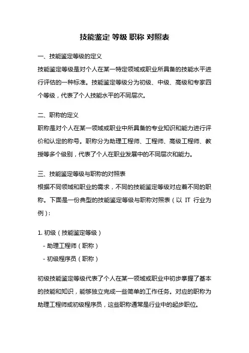 技能鉴定 等级 职称 对照表