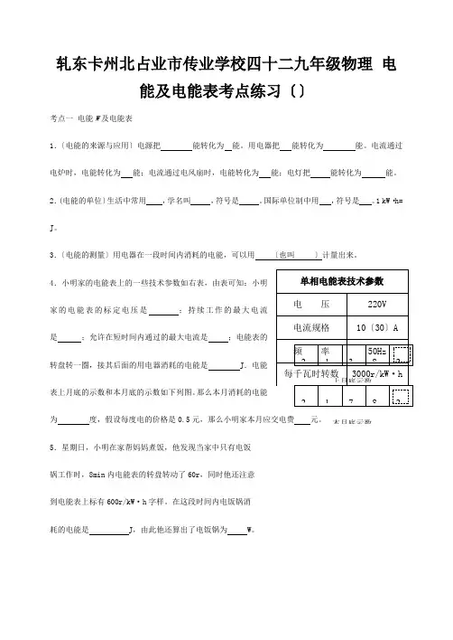 九年级物理 电能及电能表考点练习 试题