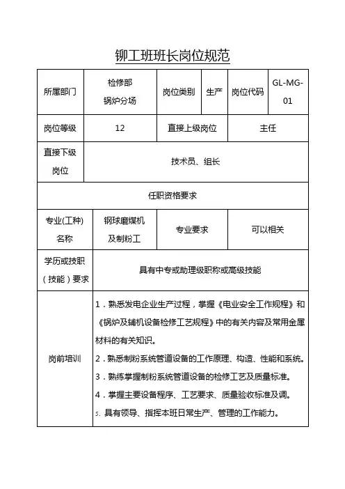 铆工班班长岗位规范