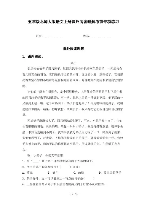 五年级北师大版语文上册课外阅读理解考前专项练习