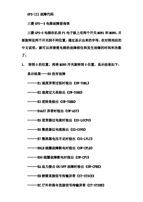 三菱电梯故障代码
