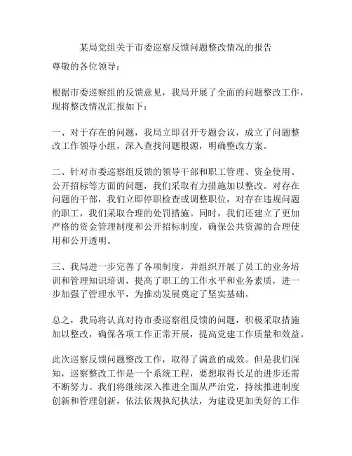 某局党组关于市委巡察反馈问题整改情况的报告