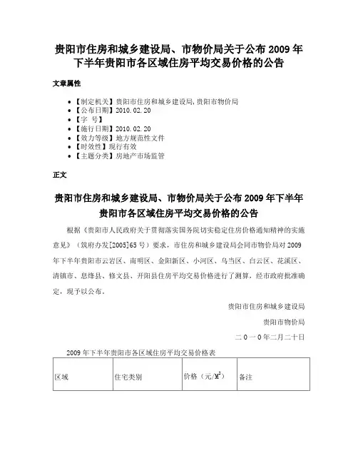 贵阳市住房和城乡建设局、市物价局关于公布2009年下半年贵阳市各区域住房平均交易价格的公告
