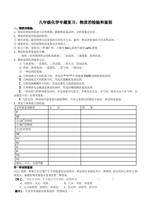 九年级化学专题复习：物质的检验和鉴别