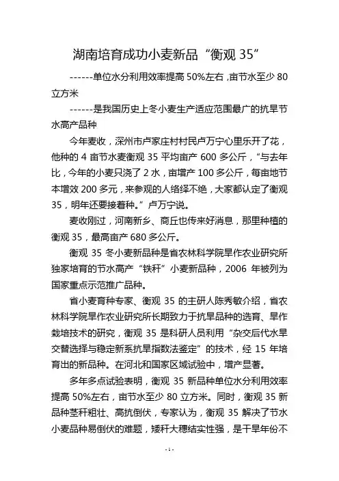 湖南培育成功小麦新品“衡观35”