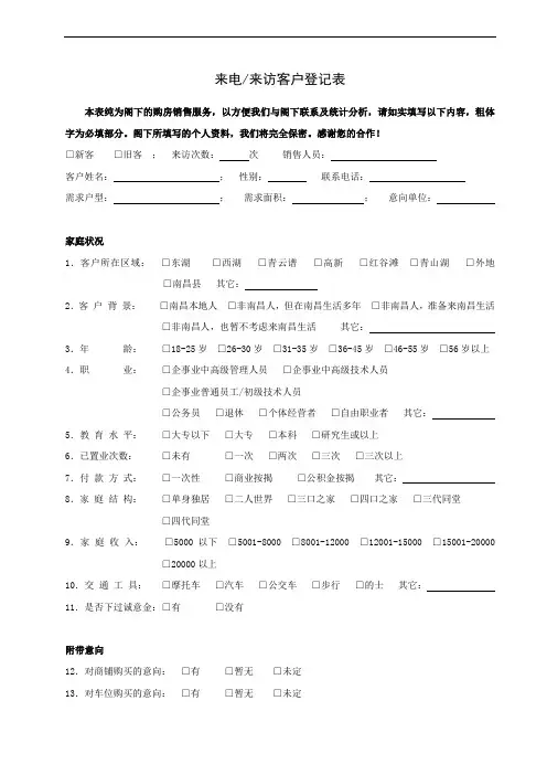 XX房产项目案场来电来访客户登记表