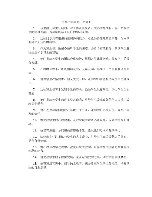 优秀小学班主任评语1