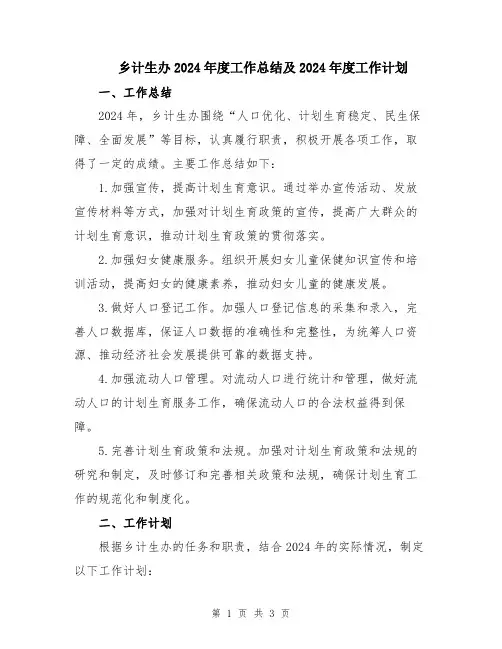 乡计生办2024年度工作总结及2024年度工作计划