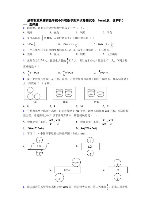 成都石室双楠实验学校小升初数学期末试卷测试卷 （word版，含解析）