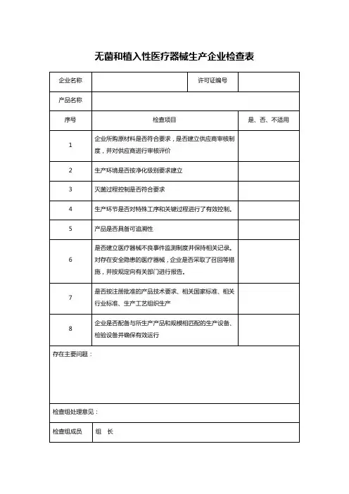 无菌和植入性医疗器械生产企业检查表