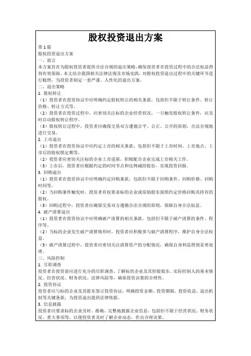 股权投资退出方案