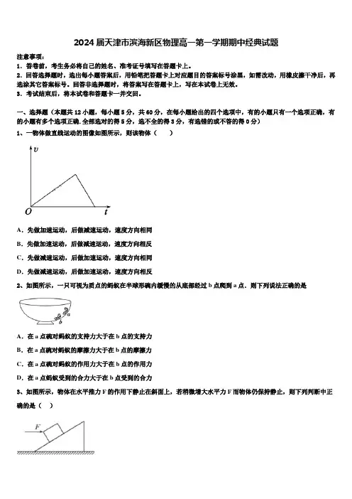2024届天津市滨海新区物理高一第一学期期中经典试题含解析