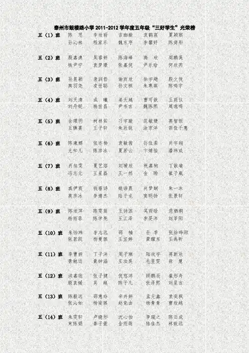 泰州市鼓楼路小学2011-2012学年度五年级“三好学生”光荣榜