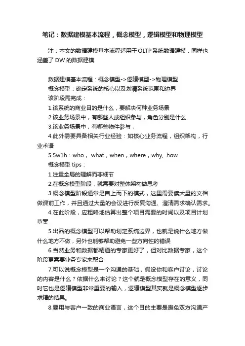笔记：数据建模基本流程，概念模型，逻辑模型和物理模型
