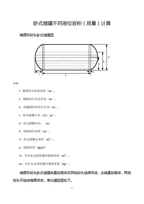 卧式储罐不同液位下的容积(质量)计算