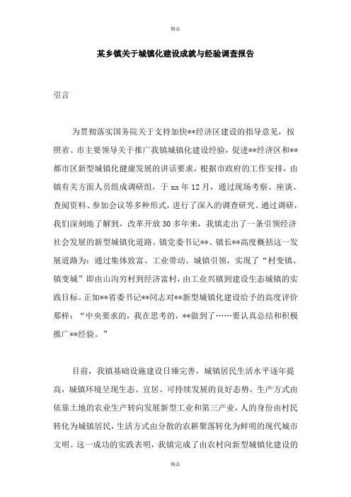 某乡镇关于城镇化建设成就与经验调查报告