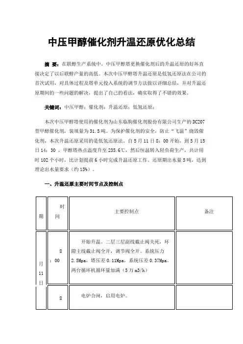 中压甲醇催化剂升温还原优化总结